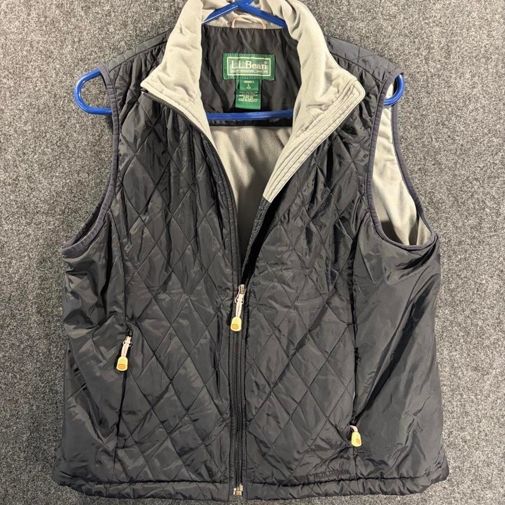 LL Bean Womens Quilted Puffer Vest Black Cream Fleece Lined Large 0PC36